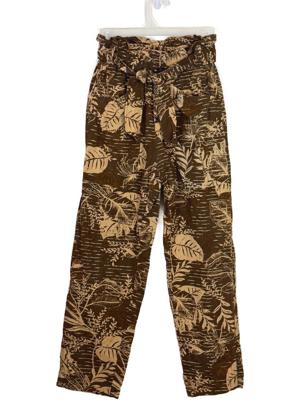 Urban Outfitters Pants LinenViscose Blend Tropical Leaf Paperbag Brown Cream XS